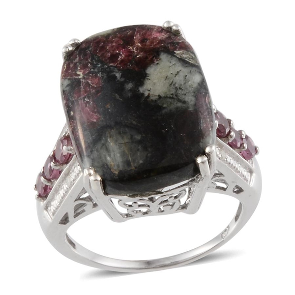 Natural  Eudialyte (Cush 12.50 Ct), Rhodolite Garnet and Diamond Ring in Platinum Overlay Sterling S