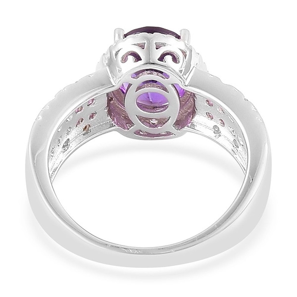 Amethyst (Ovl 2.50 Ct), Natural White Cambodian Zircon Ring in Platinum Overlay Sterling Silver 2.870 Ct.