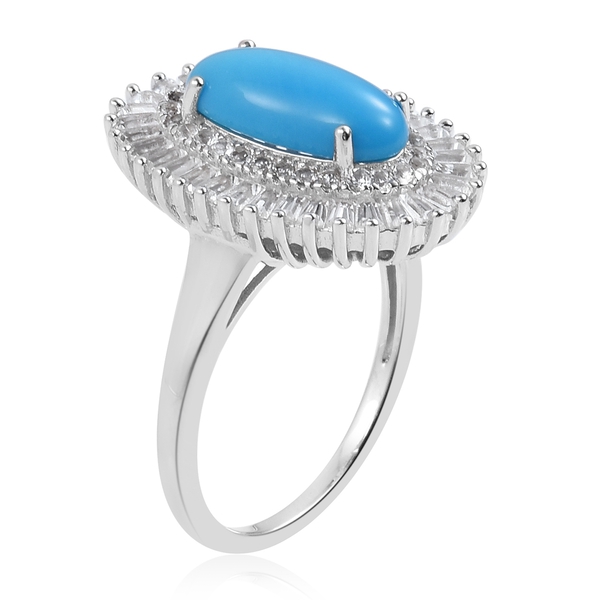 Arizona Sleeping Beauty Turquoise (Ovl 2.75 Ct), White Topaz Ring in Rhodium Plated Sterling Silver 4.150 Ct.