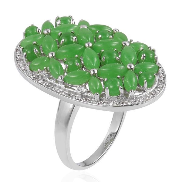 Green Jade (Mrq), Natural White Cambodian Zircon Flower Ring in Rhodium Plated Sterling Silver 9.420 Ct. Silver wt 6.79 Gms.