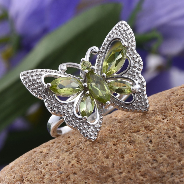 Hebei Peridot (Mrq) Butterfly Ring in Platinum Overlay Sterling Silver 2.250 Ct.
