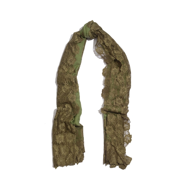 Hand Knitted - (50% Mulberry Silk and 50% Merino Wool) Olive Green Colour Scarf with Dark Green Floral Lace Border (Size 170x75 Cm)
