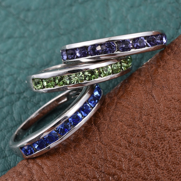Set of 3 -  - Peridot Colour Crystal (Rnd), Sapphire Colour Crystal and Tanzanite Colour Crystal Half Eternity Band Ring in Platinum Bond