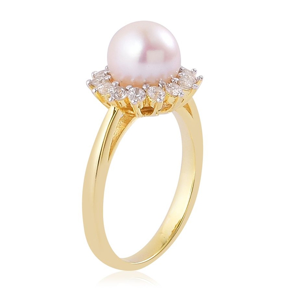 Japanese Akoya Pearl (Rnd 4.00 Ct), White Zircon Ring in Yellow Gold Overlay Sterling Silver 4.750 Ct.