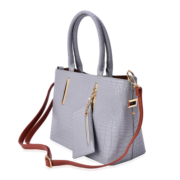 Set of 2 - Rock Pattern Light Grey Colour Large with Hanging Pouch and Chocolate Colour Small Tote Bag (Size 31x23x14 Cm and 29x19x12 Cm)