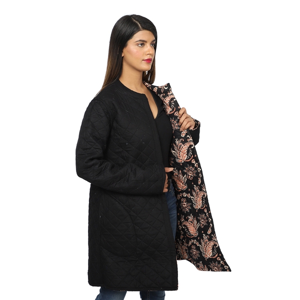 Handmade Printed Reversible Quilted Jacket in Black - Size S (8-10 )