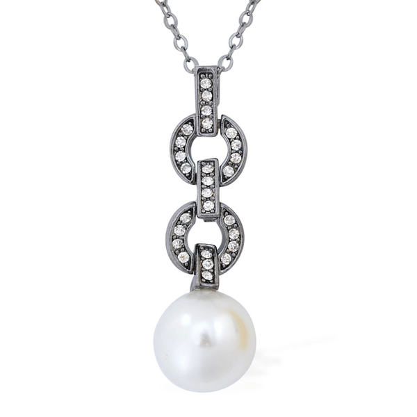 White Austrian Crystal and Simulated White Pearl Pendant With Chain (Size 18) and Earrings (with Push Back) in Black Tone