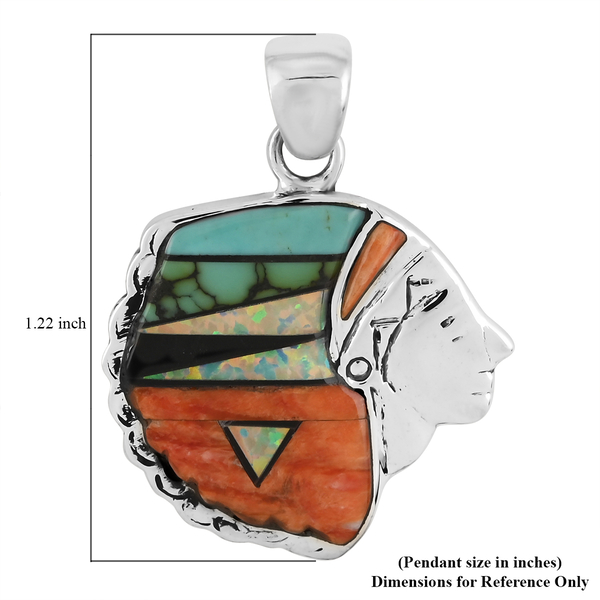 Santa Fe Collection - Multi Gemstones, Multi Opal and Multi Colour Spiney Oyster Shell Native Chief Face Pendant in Sterling Silver 1.20 Ct.