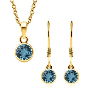 2 Piece Set - Swiss Blue Topaz Pendant and Hook Earrings in 14K Gold Overlay Sterling Silver With St
