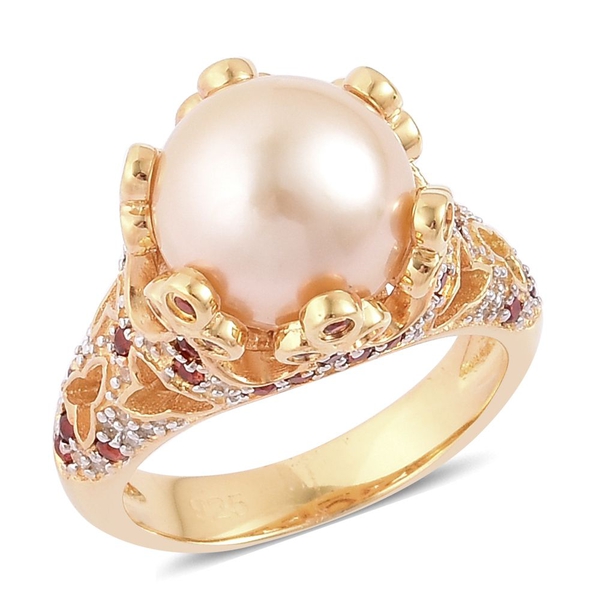 Very Rare South Sea Golden Pearl (Rnd 11.5-12mm), Mozambique Garnet and White Zircon Ring in Yellow 