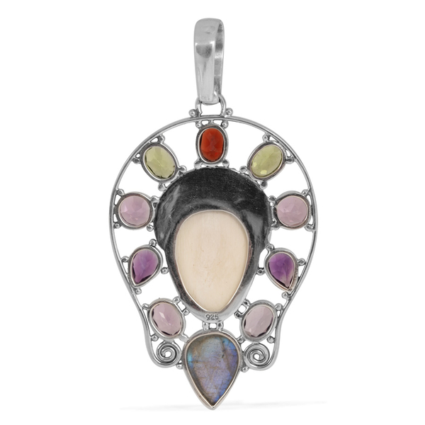 Princess Bali Collection OX Bone Carved Face (Ovl 10.00 Ct), Labradorite, Amethyst, Hebei Peridot and Mozambique Garnet Pendant in Sterling Silver 23.235 Ct.