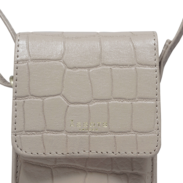 ASSOTS LONDON Tracy 100% Genuine Leather Croc Pattern Mobile Crossbody Bag with Shoulder Strap (Size 20x10x4 Cm) - Nude