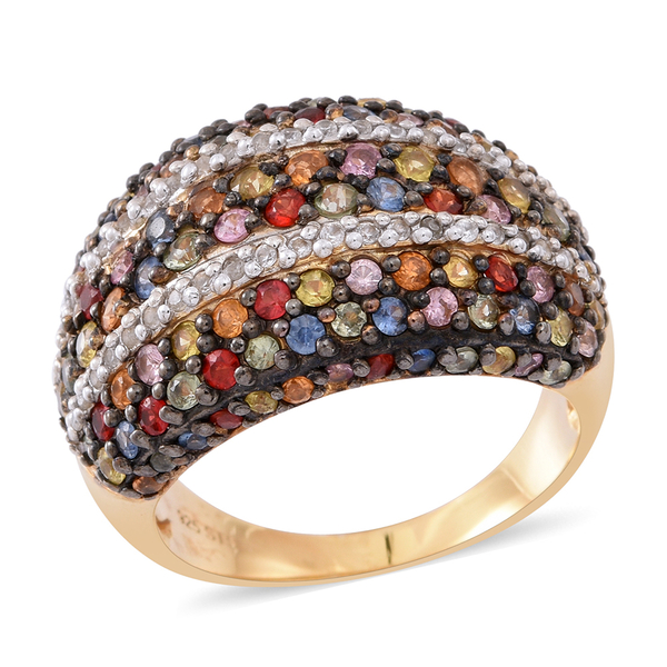5 Ct Rainbow Sapphire and Zircon Cluster Ring in Rhodium and Gold Plated Silver 9.37 Grams