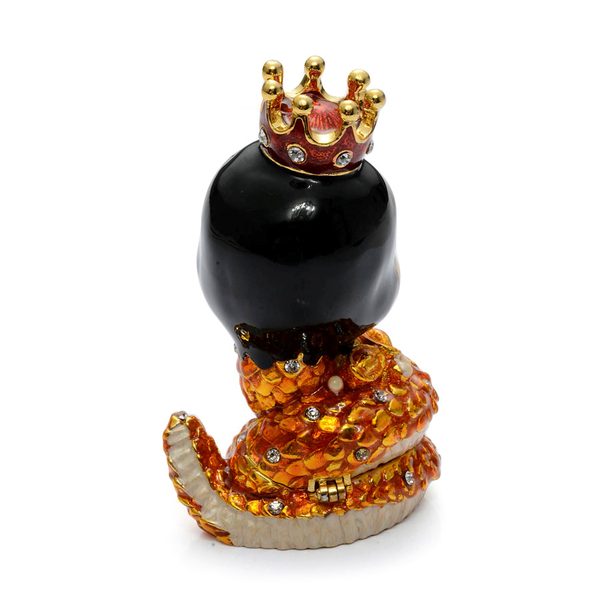 Snake King Shape Gold Enameled Trinket Box in Gold Tone With Red and White Austrian Crystals