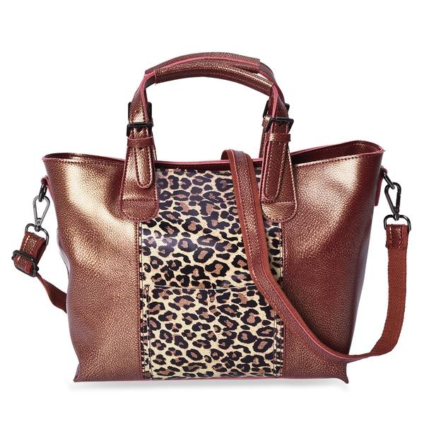 100% Genuine Leather Leopard Pattern Middle Size Tote Bag with Detachable Shoulder Strap (Size 38x25