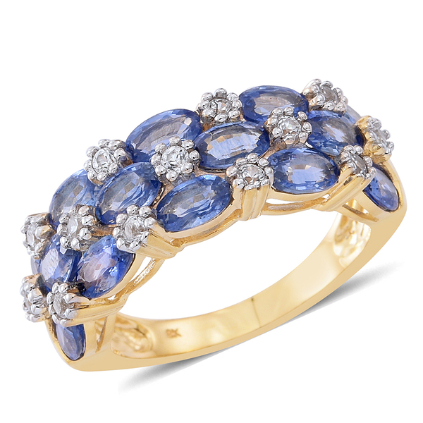 9K Yellow Gold AA Ceylon Blue Sapphire (Ovl), Natural White Cambodian Zircon Ring 4.000 Ct.