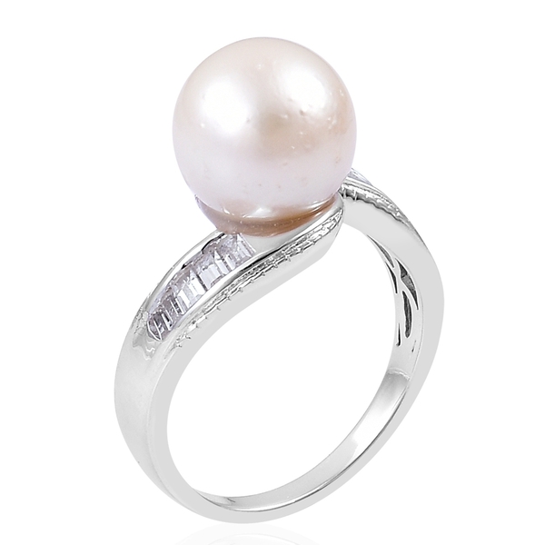 South Sea White Pearl (Rnd 11-11.5 mm), White Topaz Ring in Rhodium Plated Sterling Silver