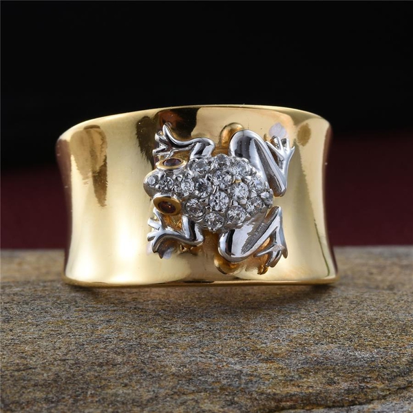 Lustro Stella - Platinum and Yellow Gold Overlay Sterling Silver (Rnd) Frog Ring Made with White and Red  ZIRCONIA.Silver Wt 9.25 Gms