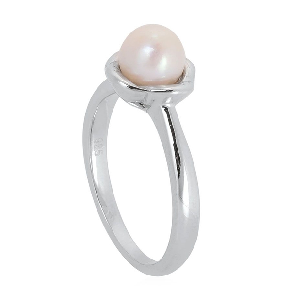 Japanese Akoya Pearl (Rnd) Solitaire Ring in Platinum Overlay Sterling Silver