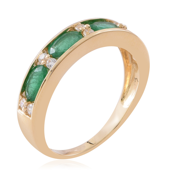9K Yellow Gold AA Kagem Zambian Emerald (Ovl), Natural White Cambodian Zircon Ring 2.000 Ct.
