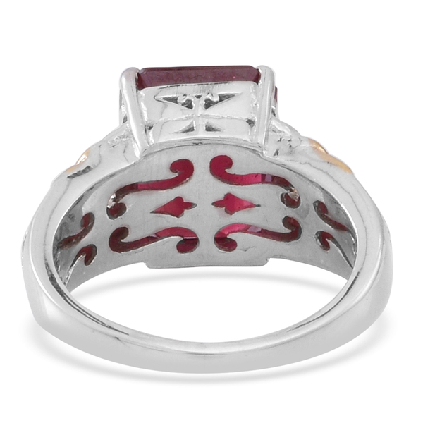 African Ruby (Oct 9.30 Ct), Natural Cambodian White Zircon Ring in Rhodium and Yellow Gold Overlay Sterling Silver 9.550 Ct.