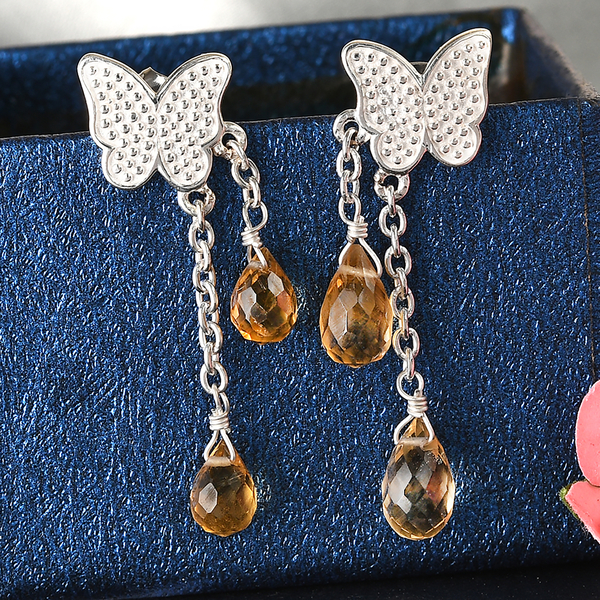 Citrine Dangling Earrings (With Push Back) in Sterling Silver 4.59 Ct.