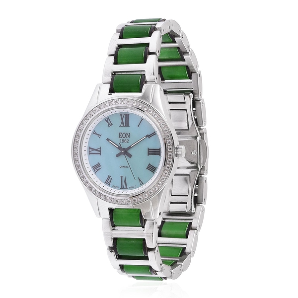 Limited Edition - EON Swiss Movement Green Jade and White Topaz 3ATM Water Resistant Watch in Stainl