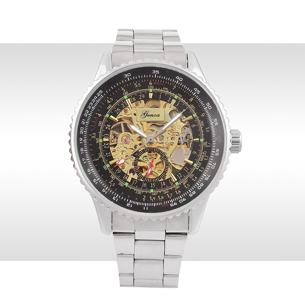 GENOA Automatic Skeleton Black Dial Watch in Silver Tone with Stainless Steel and Glass Back