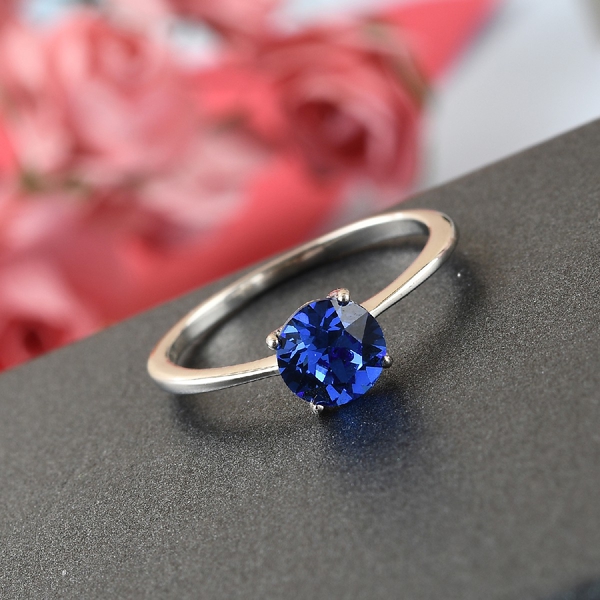 Lustro Stella - Sapphire Colour Crystal Solitaire Ring in Platinum Overlay Sterling Silver