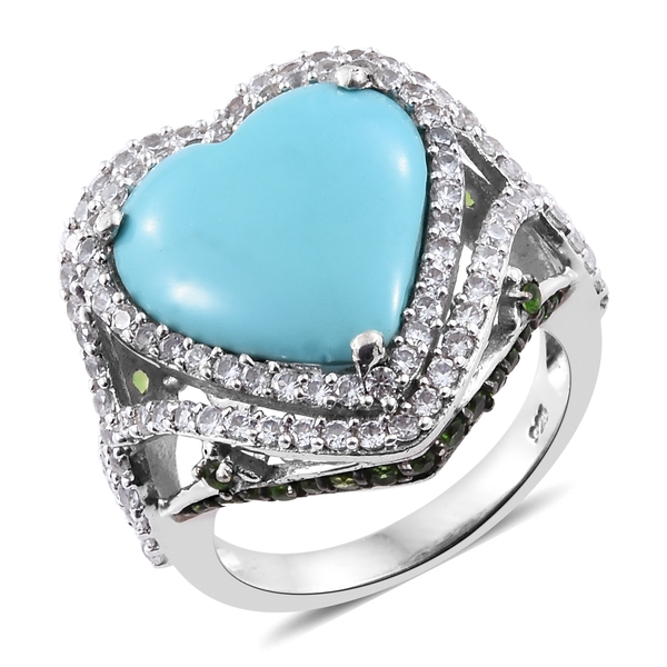 Rare Size 9 Ct Sleeping Beauty Turquoise,  Diopside and Zircon Heart Ring in Silver