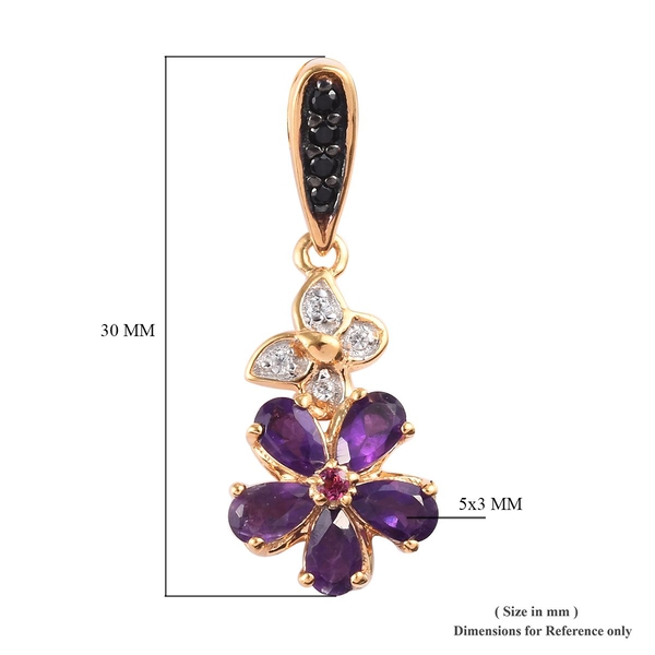 GP Amethyst (Pear), Rhodolite Garnet, Boi Ploi Black Spinel, Natural Cambodian Zircon and Blue Sapphire Floral Earrings (with Push Back) in 14K Gold Overlay Sterling Silver 2.250  Ct.