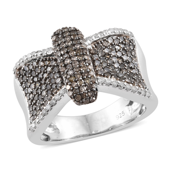 Natural Champagne Diamond (Rnd) Bow Ring in Platinum Overlay with Black Plating Sterling Silver 1.00