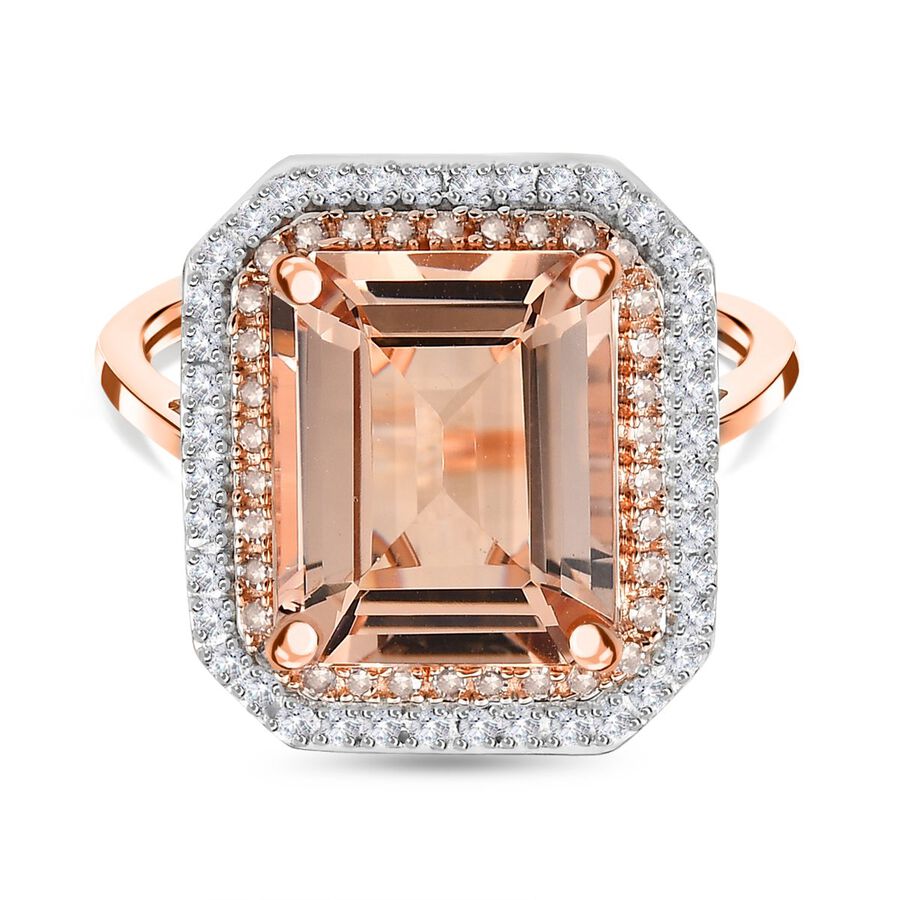 14K Rose Gold Morganite, Pink Diamond and White Diamond Halo Ring 4.35 Ct.