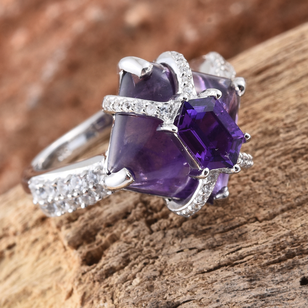 Designer Inspired Amethyst (Sqr 7.60 Ct), Natural Cambodian Zircon Ring in Platinum Overlay Sterling Silver 8.000 Ct.