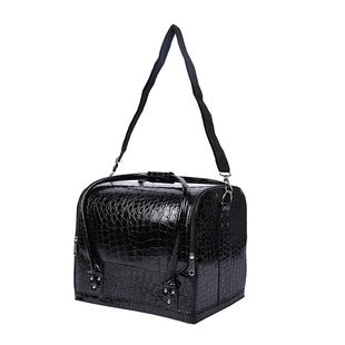 3 Layer Croc Embossed Pattern Jewellery Box with Detachable Shoulder Strap - Black
