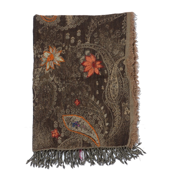 Designer Inspired 100% Wool Embroidered Floral and Paisley Pattern Chocolate Colour Scarf (Size 70x180 Cm)