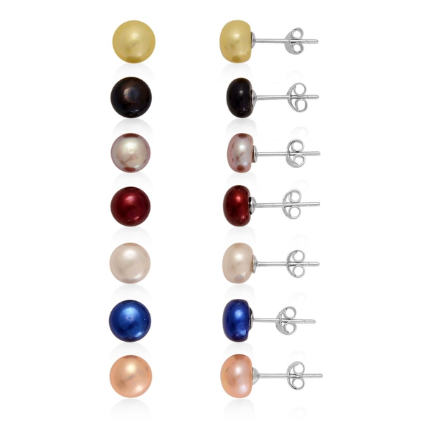 Set of 7 - Fresh Water Peach, White, Peacock, Purple, Blue, Red and Yellow Pearl Stud Earrings (with