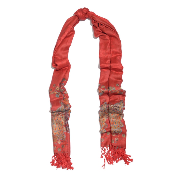 Red, Orange and Multi Colour Peacock Pattern Jacquard Scarf with Tassels (Size 180X70 Cm)