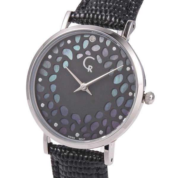 RACHEL GALLEY Diamond Studded Swiss Movement Watch With Embossed Genuine Leather Strap, Lattice Detail MOP Dial And Sapphire Glass Cover With Stainless Steel Back And 5 ATM Water Resistancy (Black)
