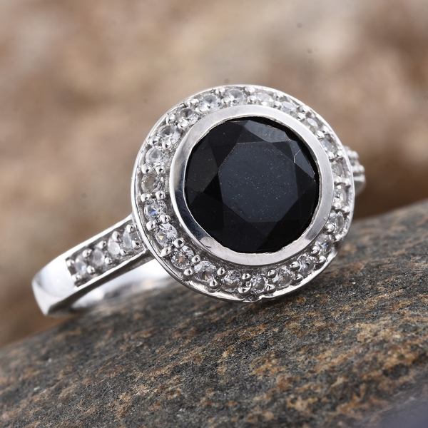 Black Tourmaline (Rnd 2.75 Ct), Natural Cambodian Zircon Ring in Platinum Overlay Sterling Silver 3.250 Ct.