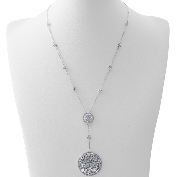 ELANZA Simulated Diamond (Rnd and Bgt) Necklace (Size 18 with 2 inch Extender) in Rhodium Overlay Sterling Silver