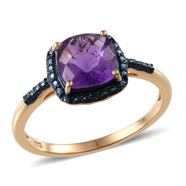 Checkerboard Cut Amethyst (Cush), Blue Diamond Ring, Stud Earrings (with Push Back) and Pendant in 14K Gold Overlay Sterling Silver 7.040 Ct.
