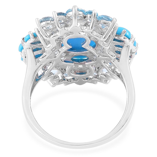 Arizona Sleeping Beauty Turquoise (Rnd), Swiss Blue Topaz and White Zircon Ring in Platinum Overlay Sterling Silver 6.500 Ct.