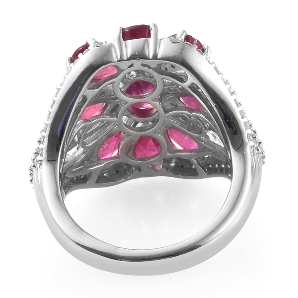 African Ruby (Ovl), Natural Cambodian Zircon Floral Ring in Platinum Overlay Sterling Silver 7.000 Ct., Silver wt 5.74 Gms.