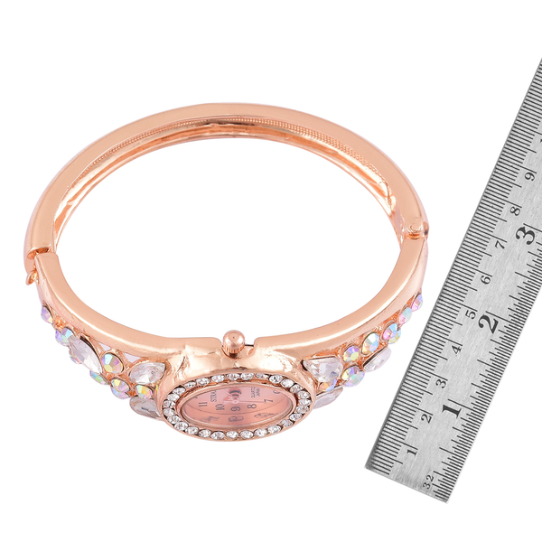 Designer Inspired - STRADA Japanese Movement Sunshine Dial Bangle Watch in Rose Gold Tone with White Austrian Crystal, Simulated AB and White Colour Diamond