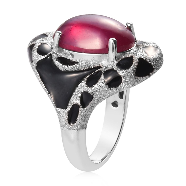 GP - African Ruby and Blue Sapphire Enamelled Ring in Platinum Overlay Sterling Silver 9.35 Ct, Silver wt. 8.00 Gms