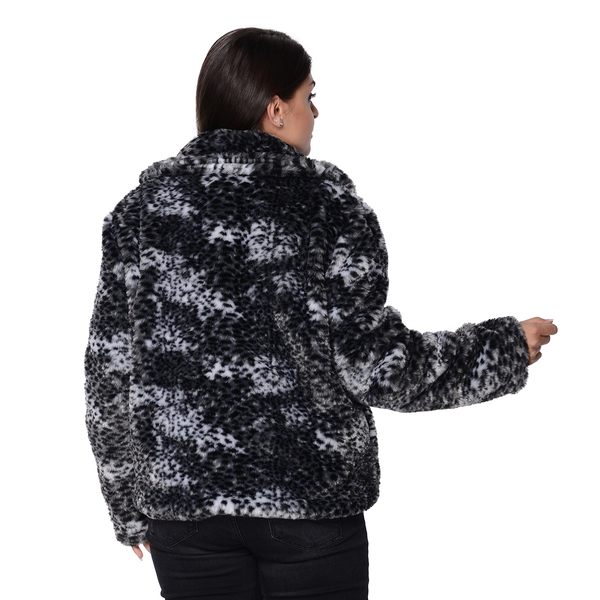 Leopard Print Faux Fur Long Sleeve Winter Coat (Size 57x60 Cm/ L-XL) - Black, White and Grey