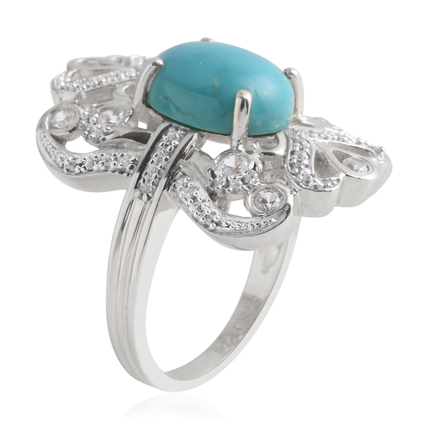Anahi Turquoise (Ovl), Natural Cambodian Zircon Ring in Rhodium Overlay Sterling Silver 5.355 Ct