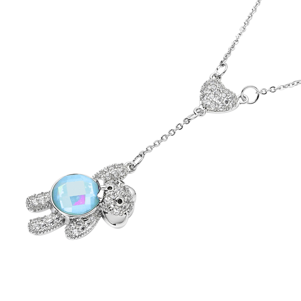 Simulated Blue AB Crystal, Simulated Diamond and Simulated Black Spinel Bear Necklace (Size - 20 With 2 Inch Extender) in Silver Tone