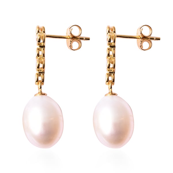Freshwater White Pearl and Simulated Diamond Drop Earrings (with Push Back) in Rhodium Overlay Sterling Silver Silver